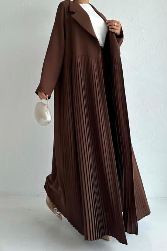 Elegant Pleated Long Coat Abaya Set - Brown