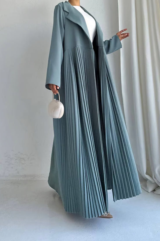 Elegant Pleated Long Coat Abaya Set - Grey