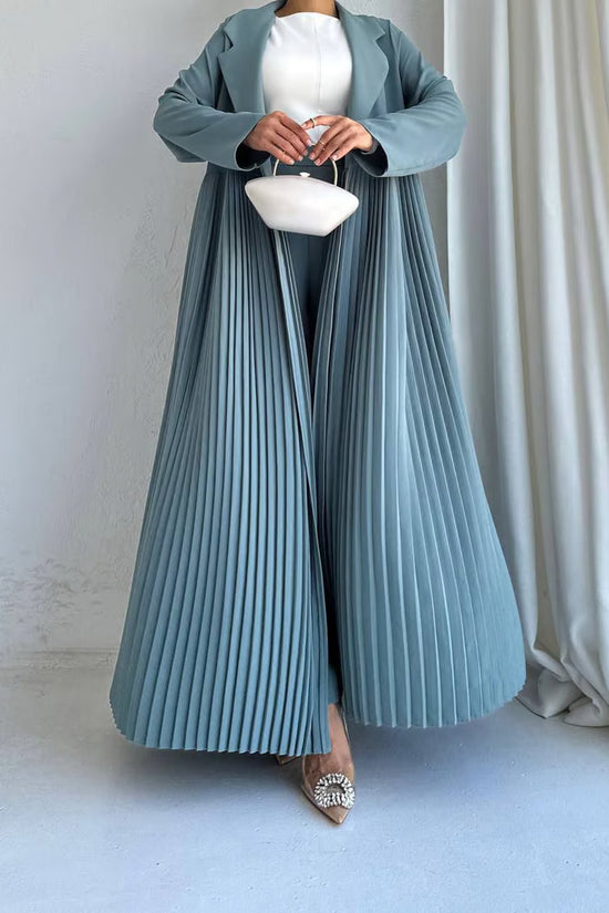Elegant Pleated Long Coat Abaya Set - Grey
