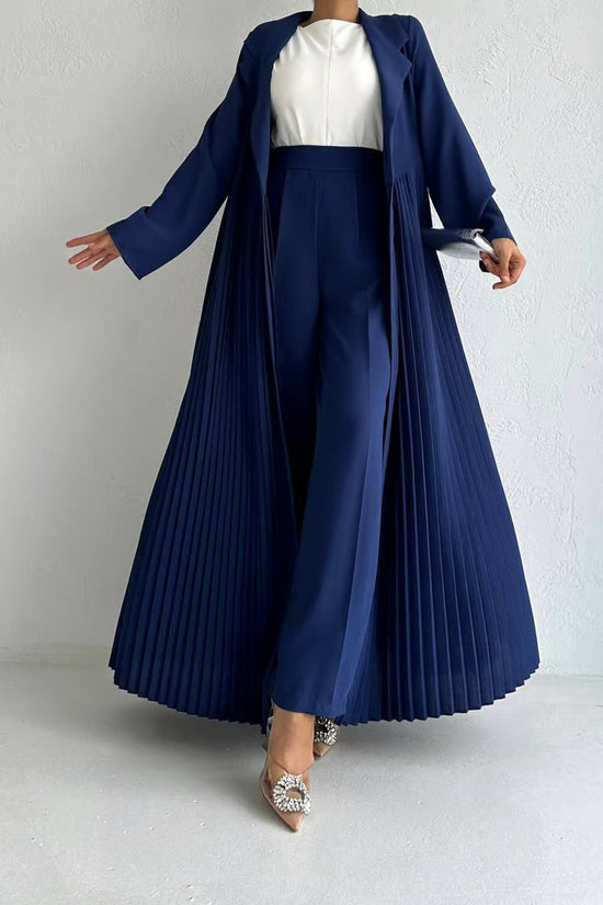 Elegant Pleated Long Coat Abaya Set - Blue