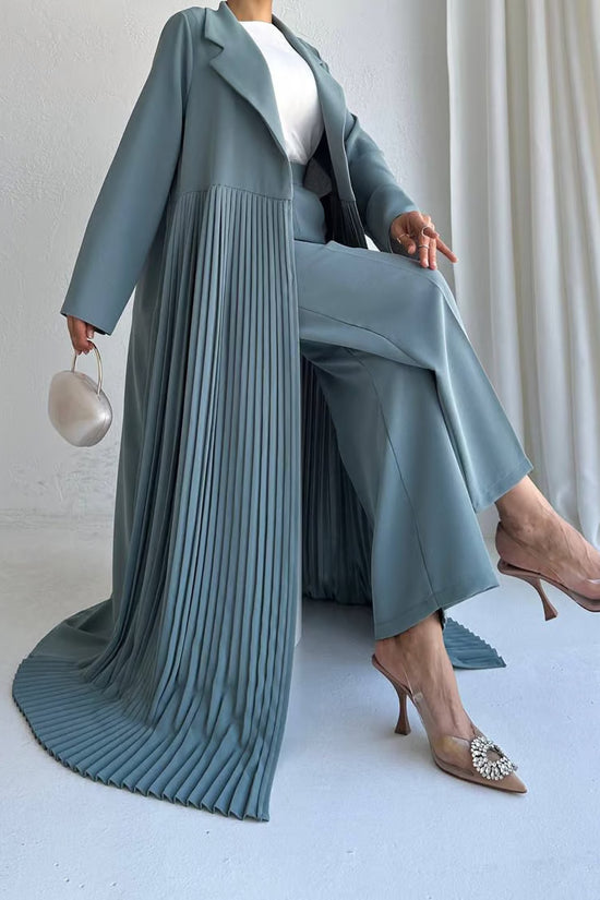Elegant Pleated Long Coat Abaya Set - Grey