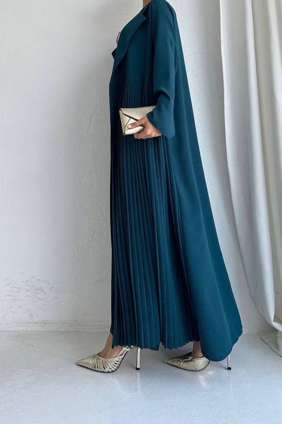 Elegant Pleated Long Coat Abaya Set - Teal