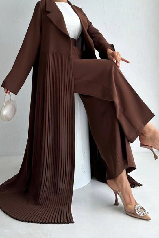 Elegant Pleated Long Coat Abaya Set - Brown