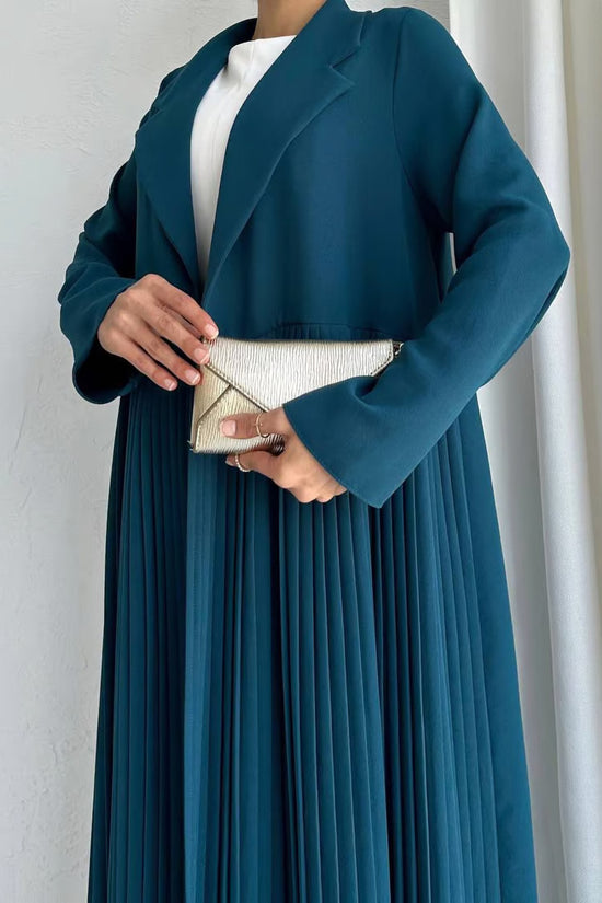 Elegant Pleated Long Coat Abaya Set - Teal