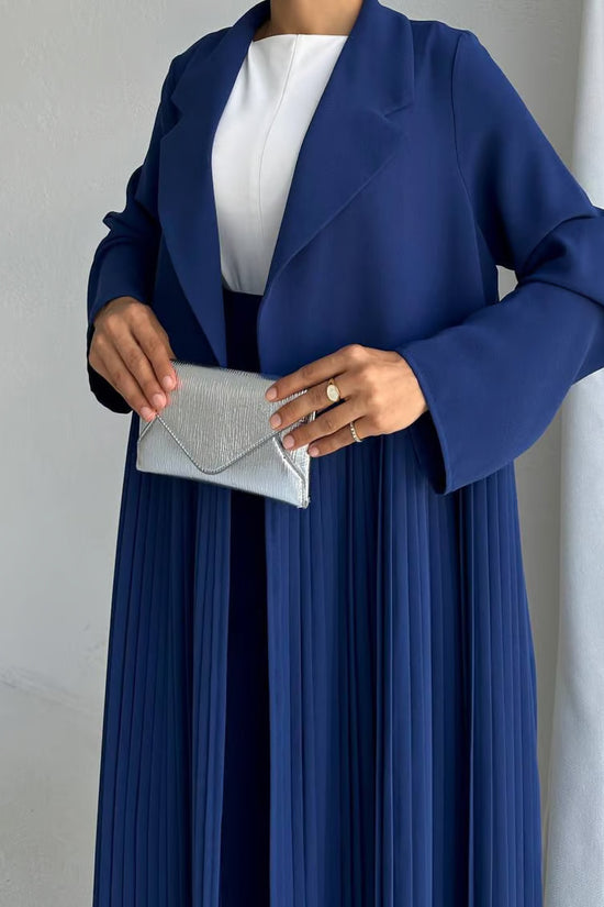 Elegant Pleated Long Coat Abaya Set - Blue