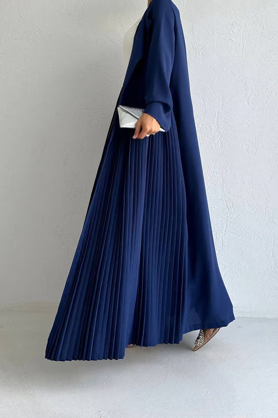 Elegant Pleated Long Coat Abaya Set - Blue
