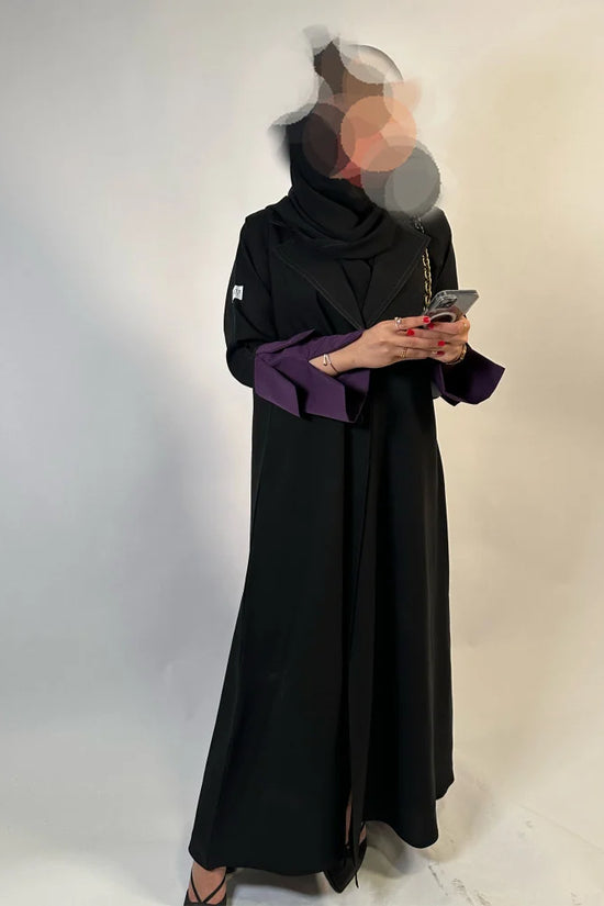 Black Cloche cut Abaya with purple sleeves details