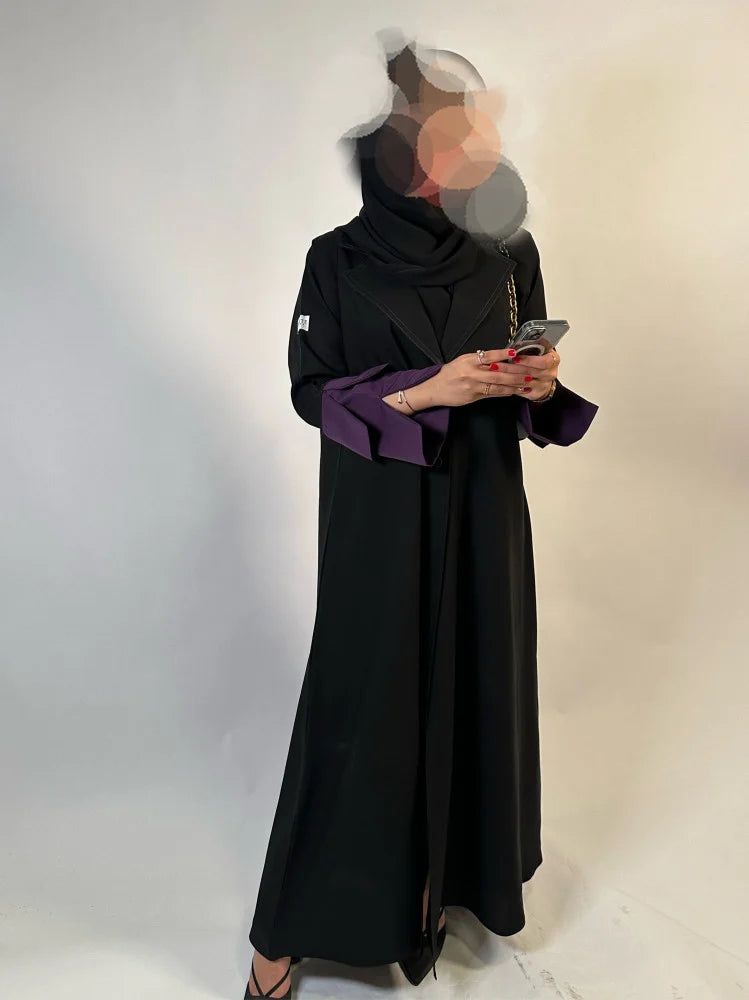 Black Cloche cut Abaya with purple sleeves details