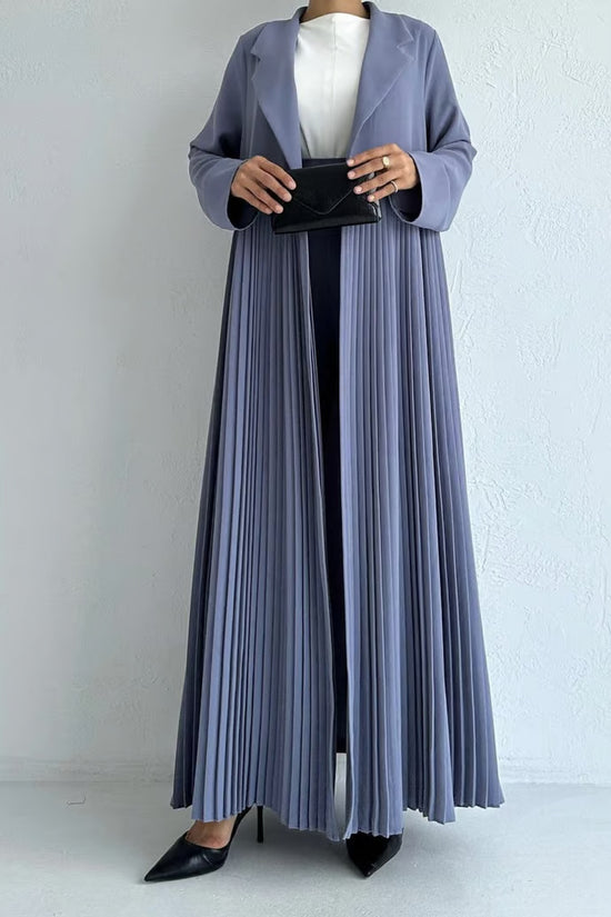 Elegant Pleated Long Coat Abaya Set - Light Blue