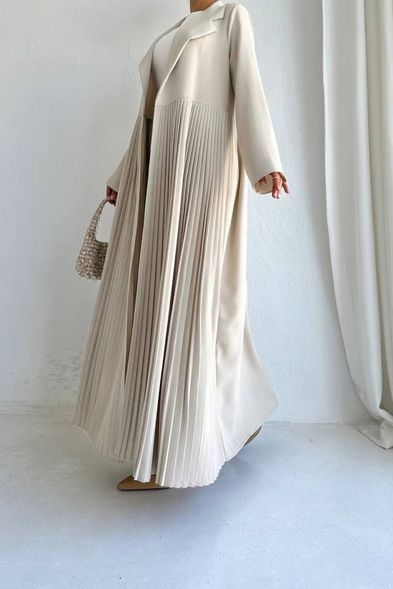 Elegant Pleated Long Coat Set - Beige