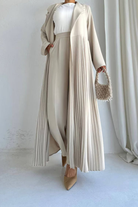 Elegant Pleated Long Coat Set - Beige