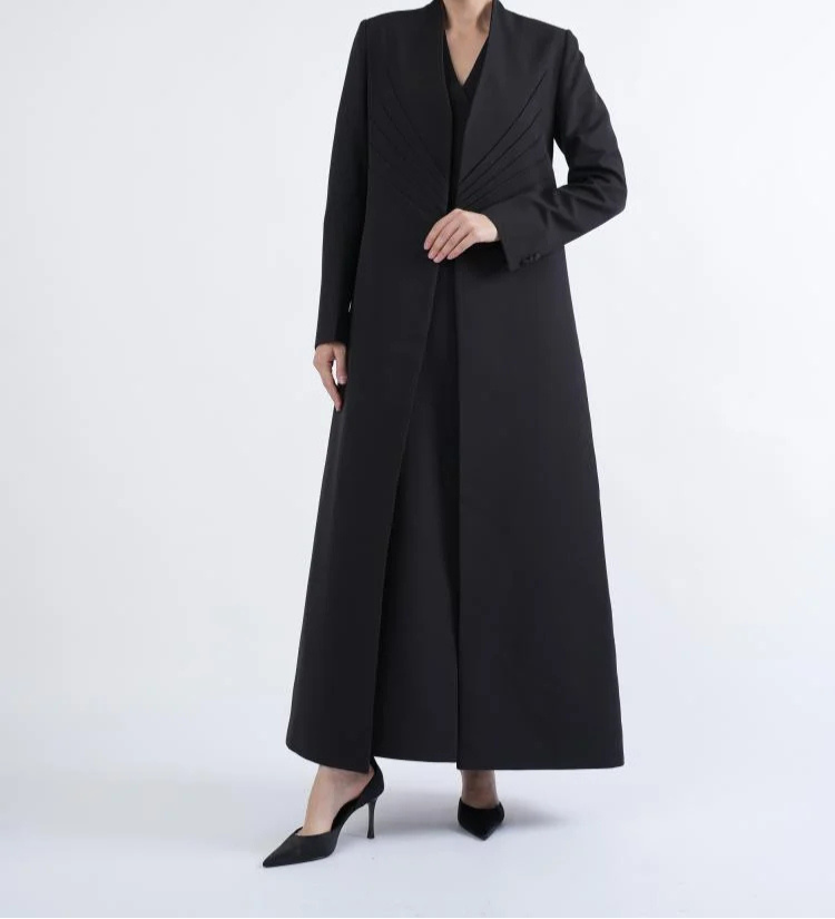 Premium Pleated-Front Structured Abaya – Black Korean Crepe | Includes Matching Shaila
