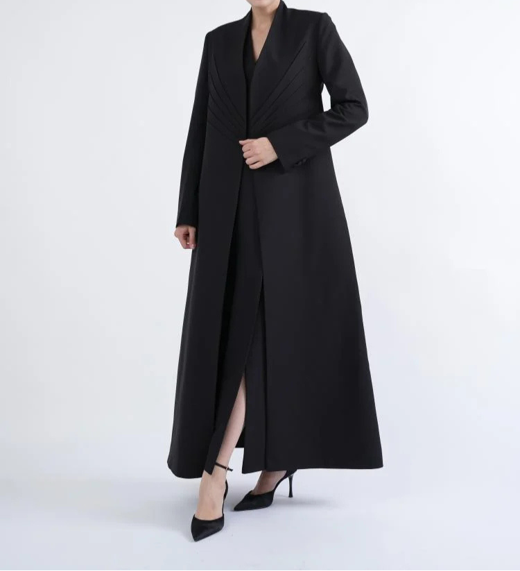 Premium Pleated-Front Structured Abaya – Black Korean Crepe | Includes Matching Shaila