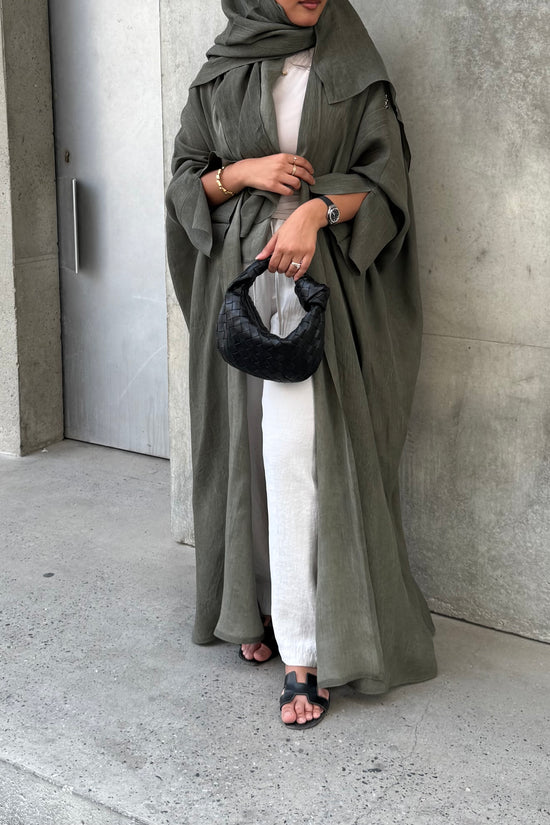 Turkish linen abaya, half-bisht cut - Green