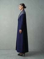 Navy Blue Blazer Abaya with Geometric Grey Contrast Lapel
