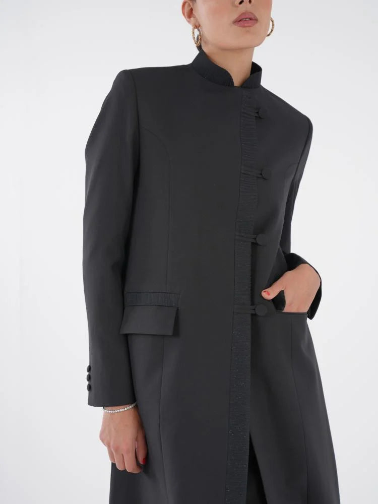 Premium Black Mandarin Collar Open Abaya