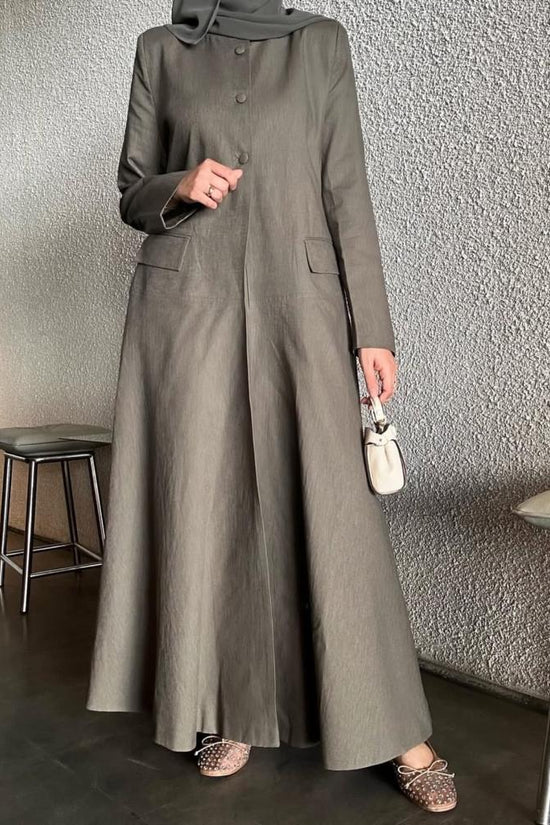 Linen Button-Front Abaya – Olive Grey