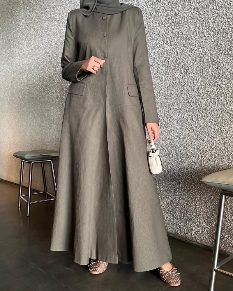 Linen Button-Front Abaya – Olive Grey