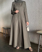 Linen Button-Front Abaya – Olive Grey