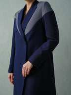 Navy Blue Blazer Abaya with Geometric Grey Contrast Lapel
