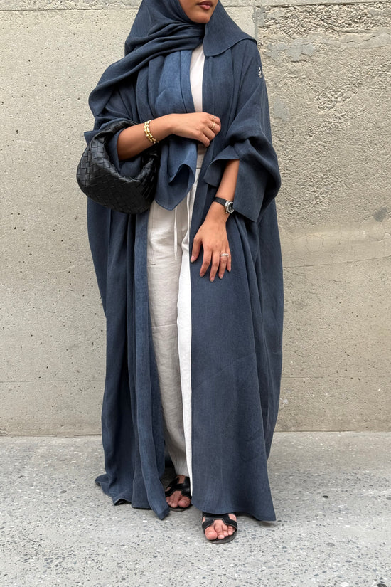 Turkish linen abaya, half-bisht cut - Blue