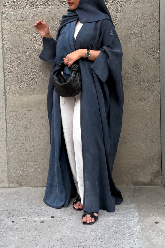 Turkish linen abaya, half-bisht cut - Blue