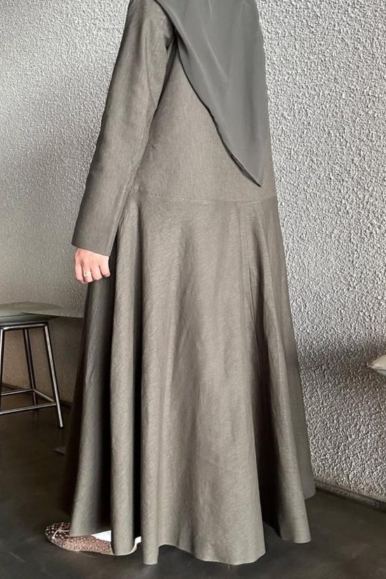 Linen Button-Front Abaya – Olive Grey