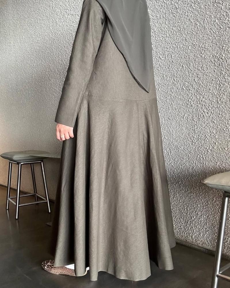 Linen Button-Front Abaya – Olive Grey