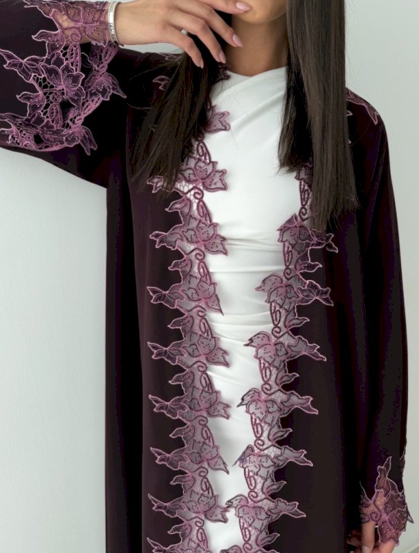 Purple Lace Open Abaya with Shaila