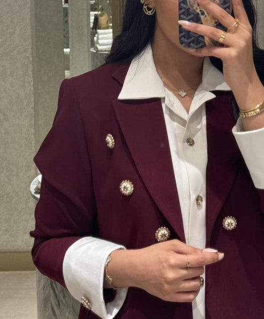 Maroon Blazer Two Tone Abaya with Button Detail