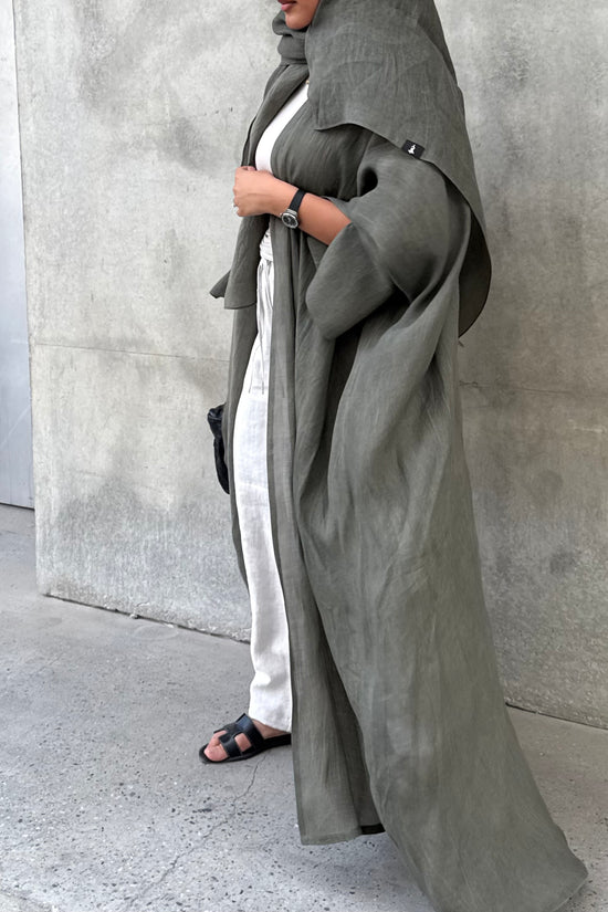 Turkish linen abaya, half-bisht cut - Green