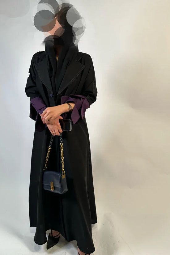 Black Cloche cut Abaya with purple sleeves details