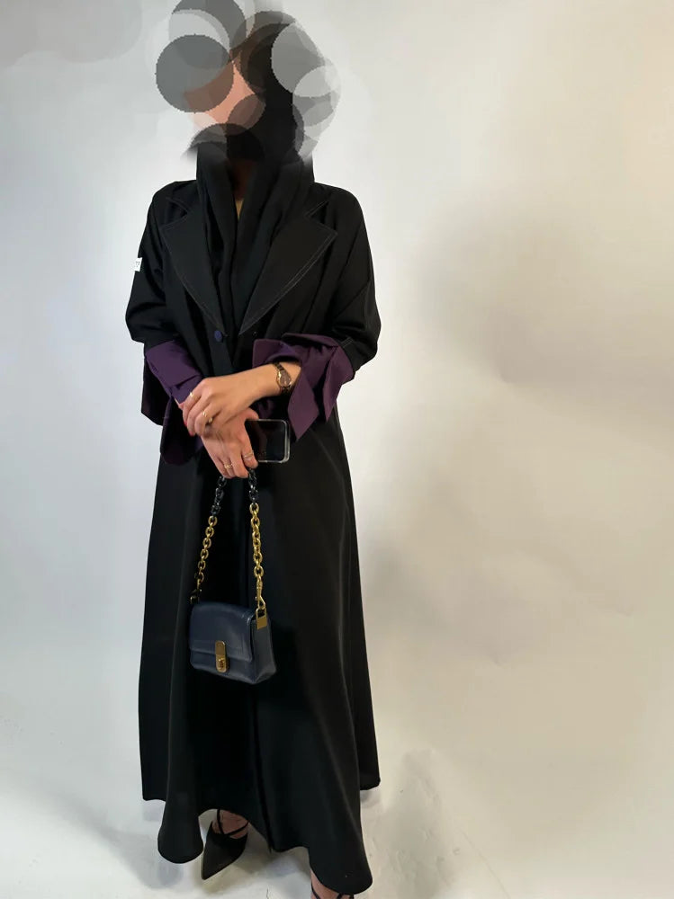 Black Cloche cut Abaya with purple sleeves details
