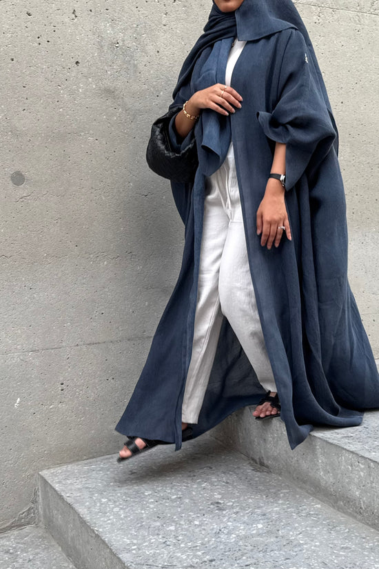 Turkish linen abaya, half-bisht cut - Blue