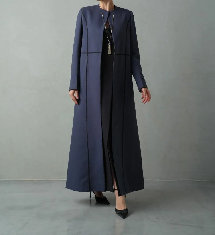 Elegant Slate Blue Minimalist Abaya with Contrast Piping
