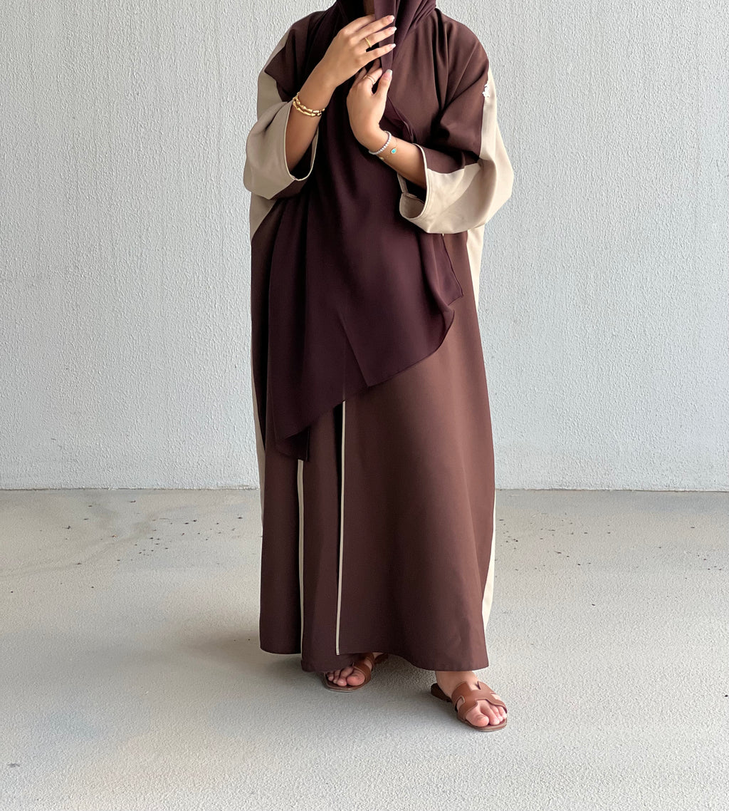 Brown with beige Abaya regular wrap cut