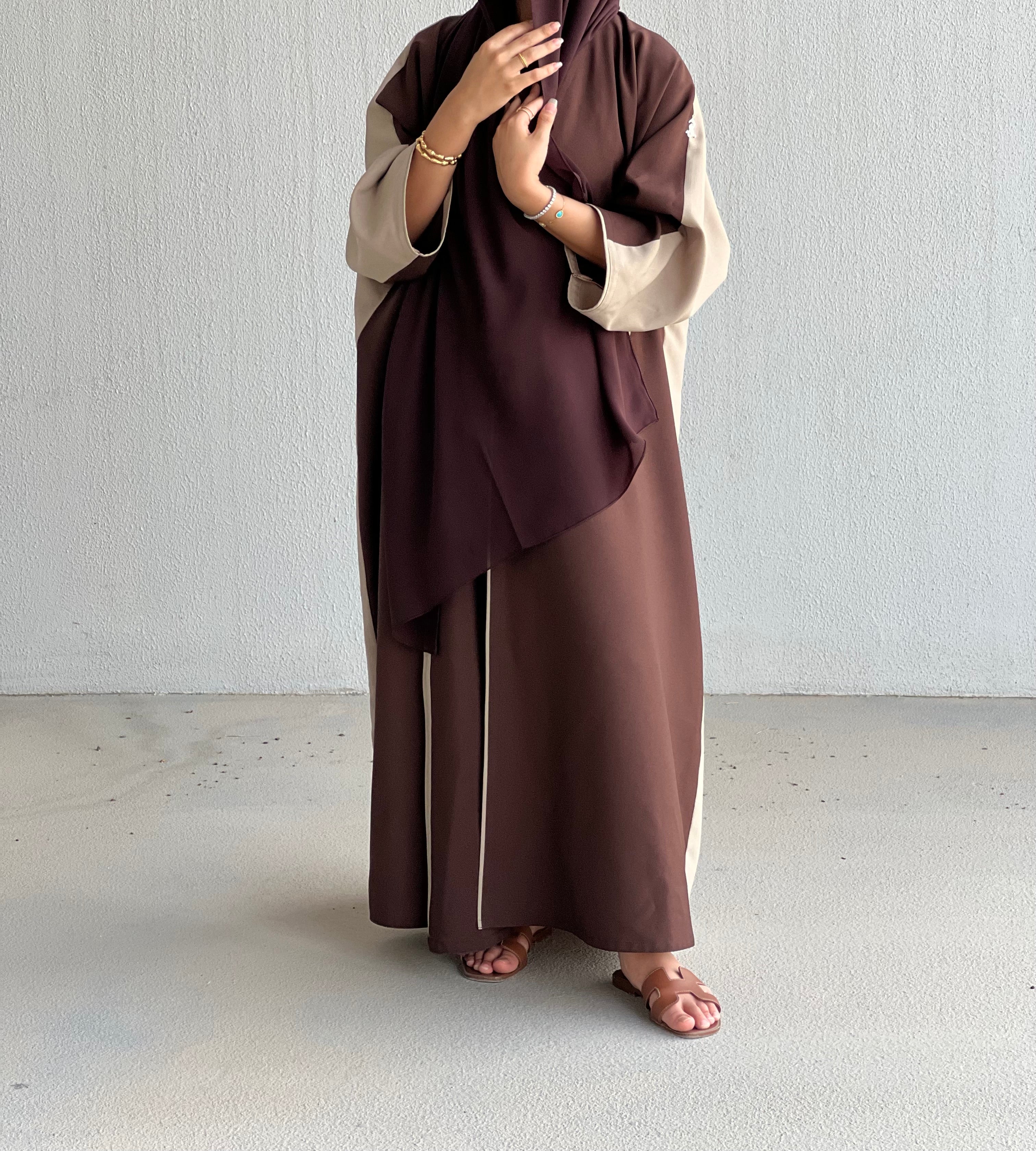 Brown with beige Abaya regular wrap cut