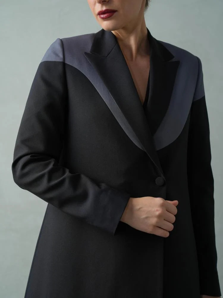 Black Blazer Abaya with Slate Grey Contrast Lapel