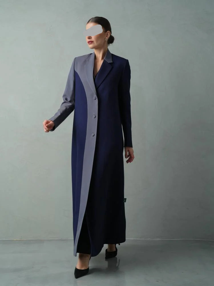 Navy Blue Colour Block Blazer Abaya with Grey Contrast Panel