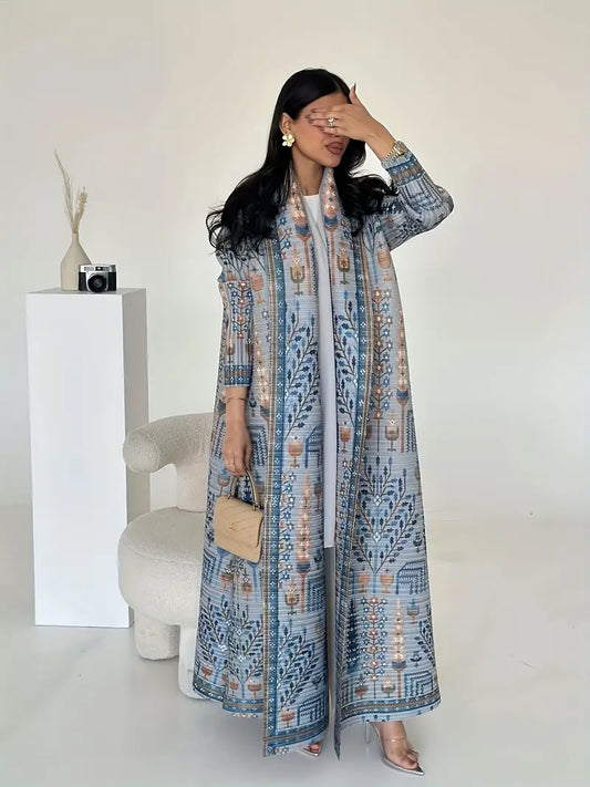 Printed Long Sleeve Pleated Abaya - Lightweight, Breathable Summer Friendly, Multi