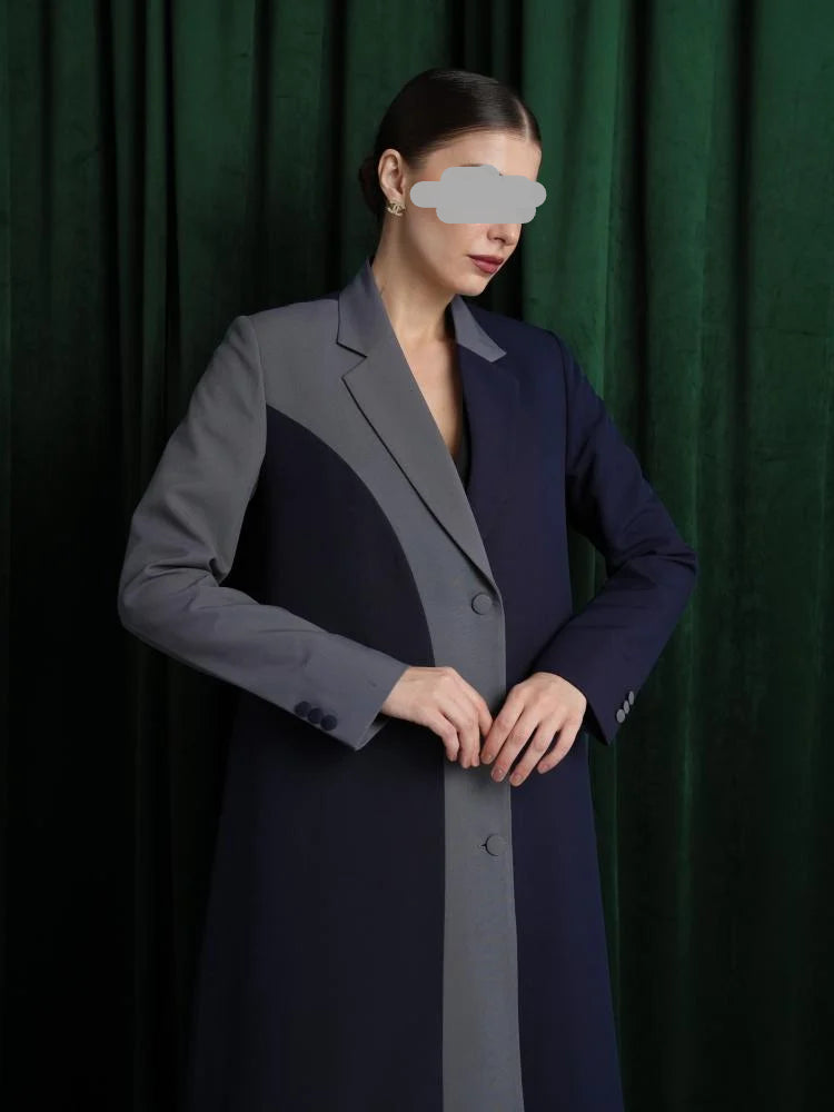 Navy Blue Colour Block Blazer Abaya with Grey Contrast Panel