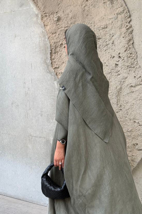 Turkish linen abaya, half-bisht cut - Green