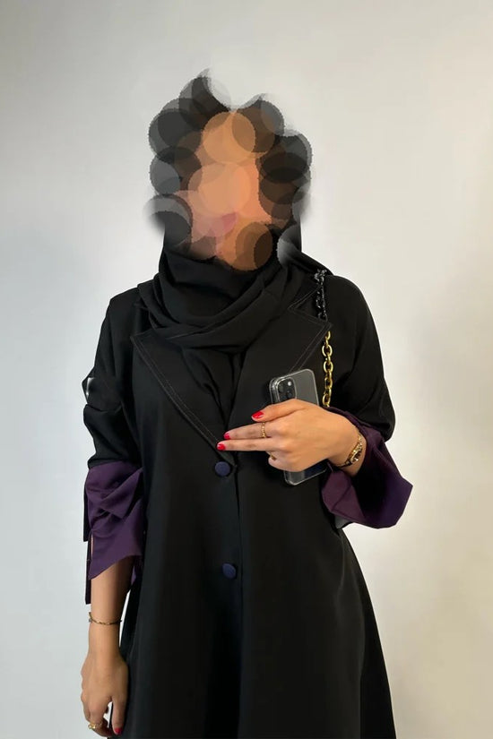 Black Cloche cut Abaya with purple sleeves details