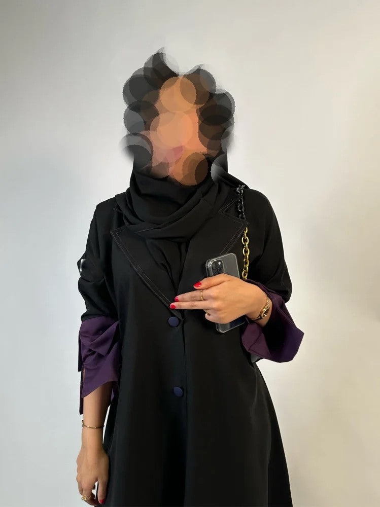 Black Cloche cut Abaya with purple sleeves details