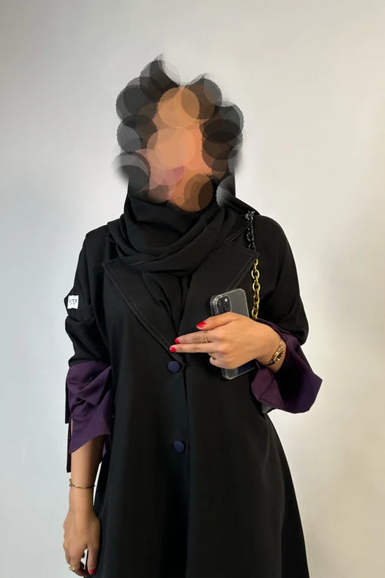 Black Cloche cut Abaya with purple sleeves details