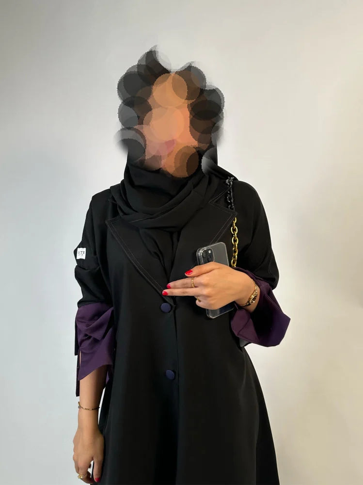 Black Cloche cut Abaya with purple sleeves details