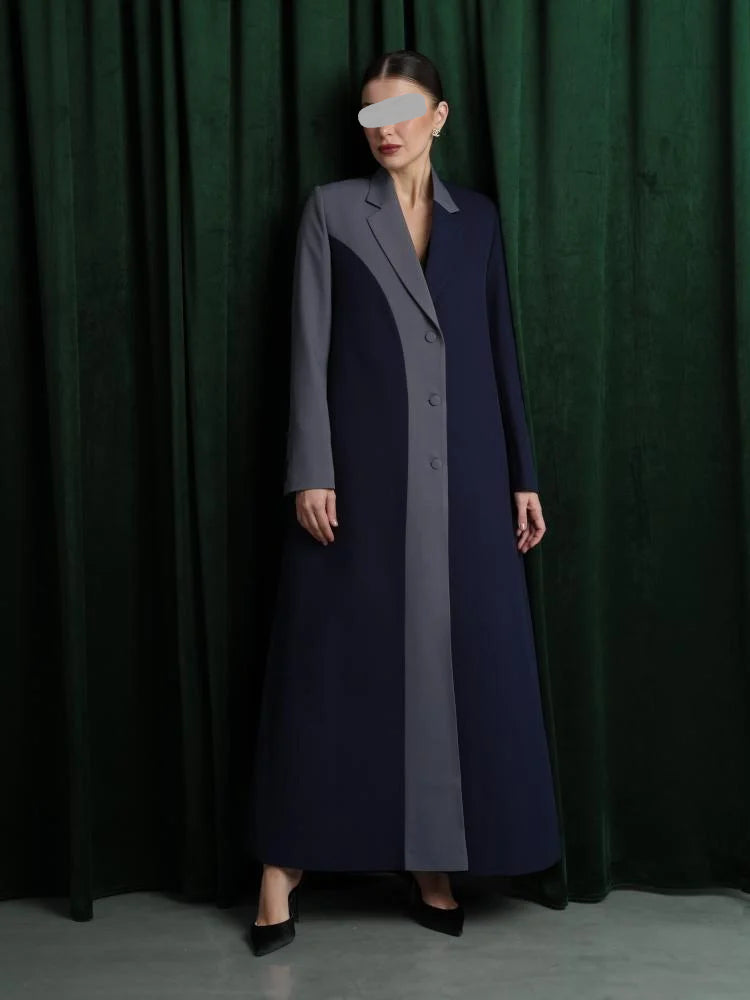 Navy Blue Colour Block Blazer Abaya with Grey Contrast Panel