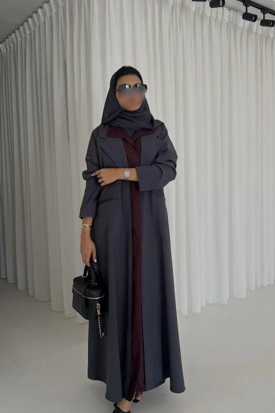 Grey & Burgundy Blazer Abaya