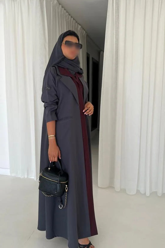 Grey & Burgundy Blazer Abaya