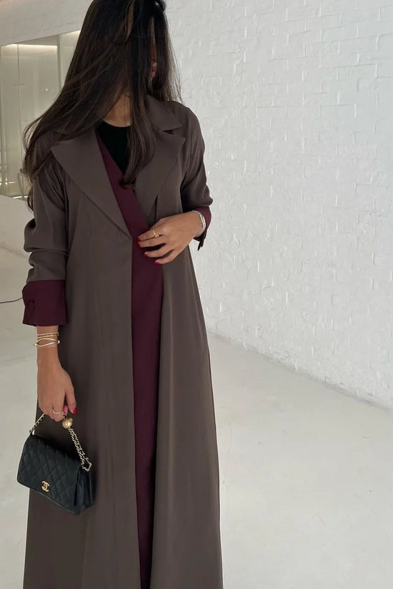 Chocolate Brown Abaya with Burgundy Details
